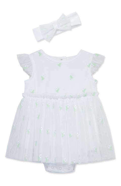 Floral Embroidered Tulle Skirted Bodysuit & Headband Set (Baby)
