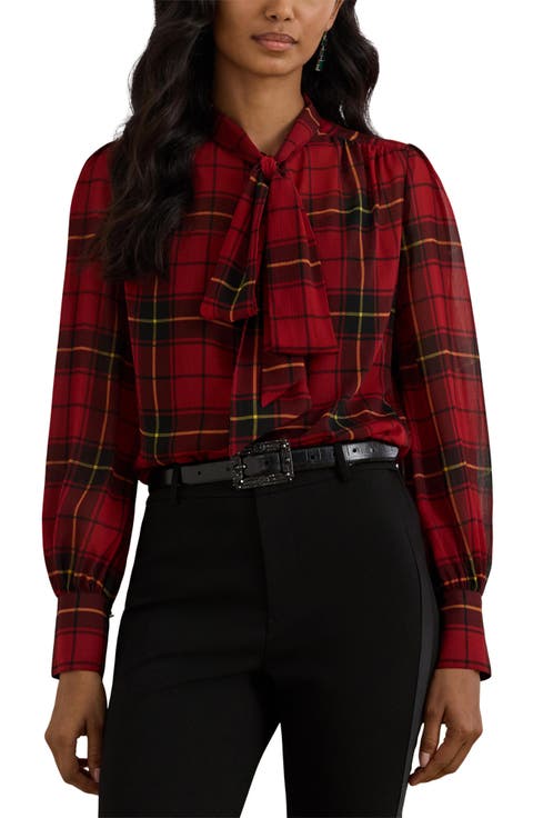 Plaid Tie Neck Chiffon Top