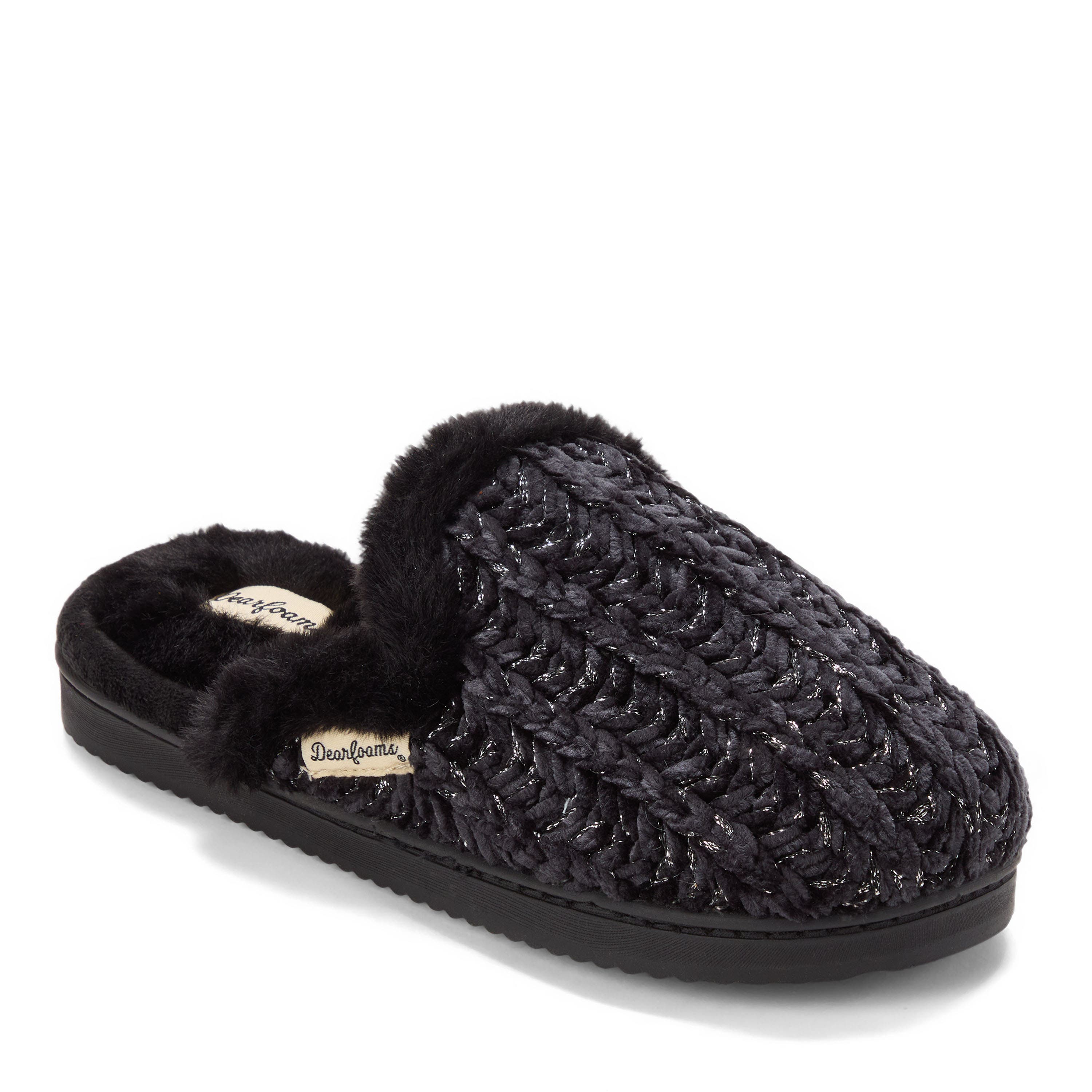 DEARFOAMS Paris Chenille Shaped Tab Scuff Slipper, Main, color, Black