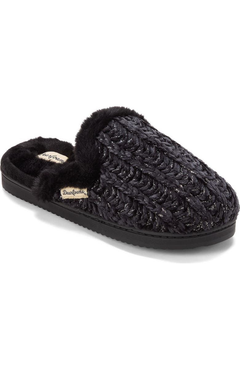DEARFOAMS Paris Chenille Shaped Tab Scuff Slipper, Main, color, Black