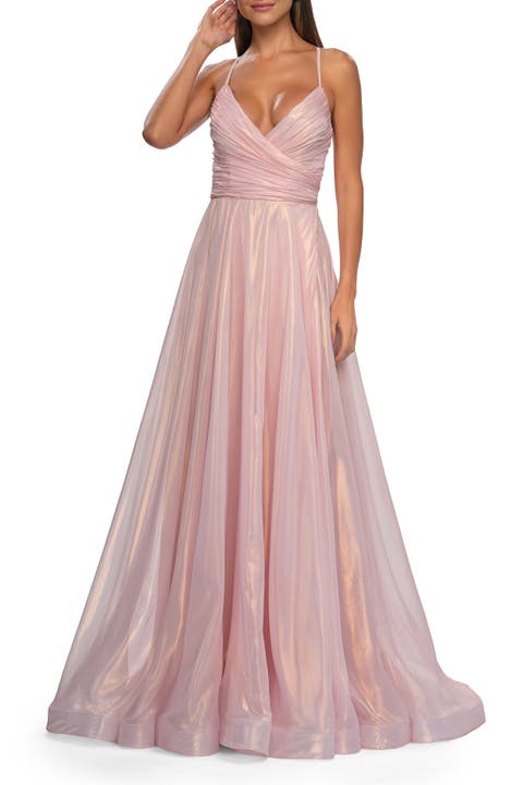 Metallic Chiffon Prom Dress with Flowing Skirt