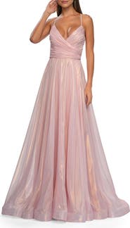 La Femme Metallic Chiffon Prom Dress with Flowing Skirt