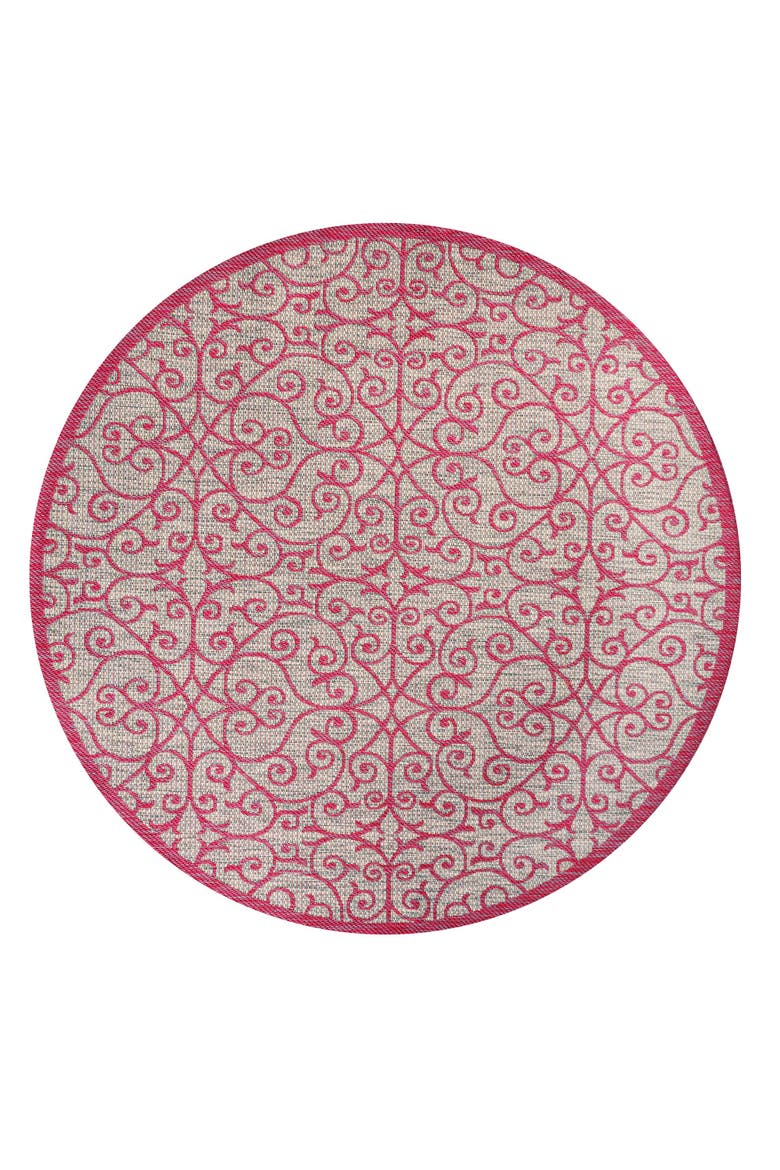 Madrid Vintage Filigree Textured Weave Indoor/Outdoor Round Area Rug, Alternate, color, Light Gray/Fuchsia