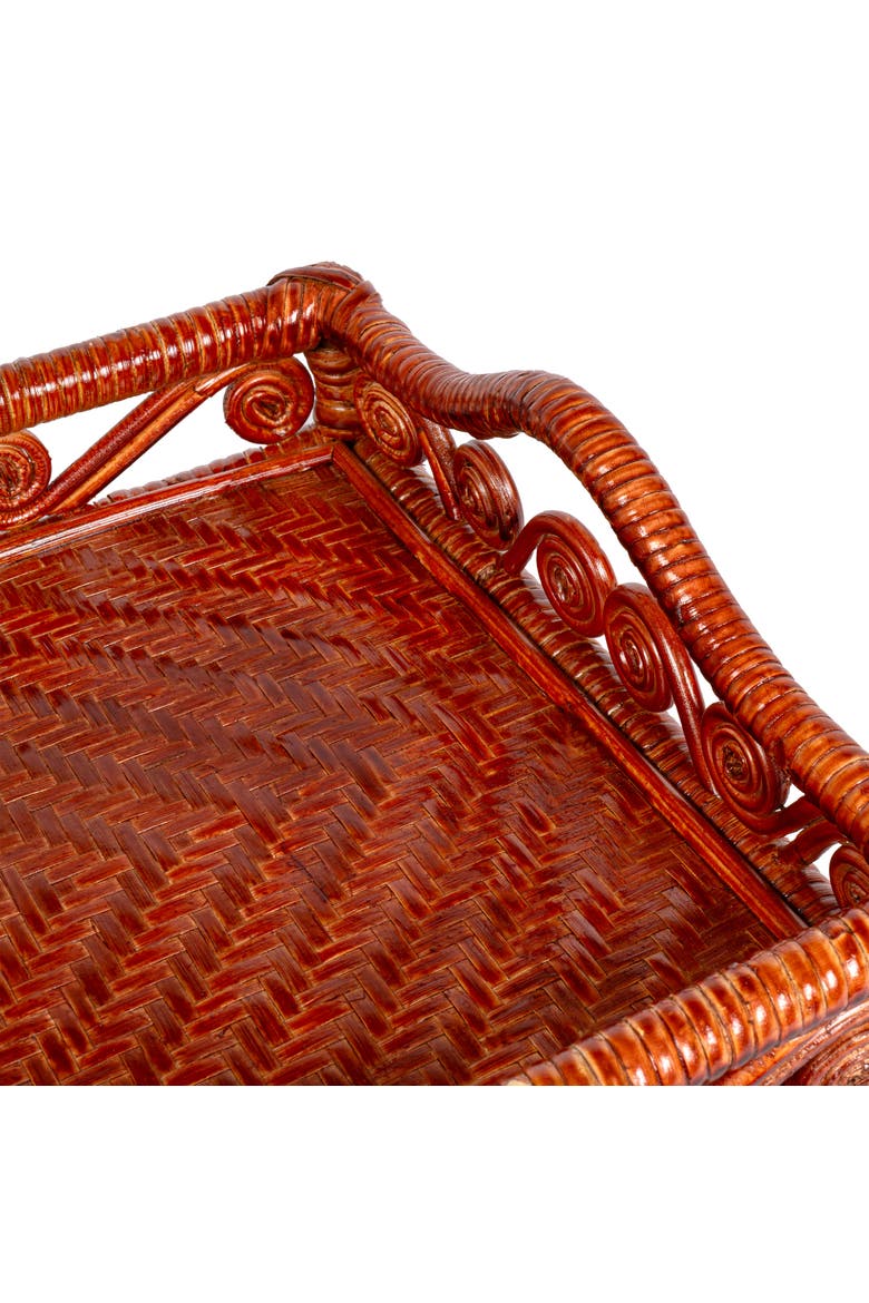 Baron Handcrafted Rattan/Wood Webbing Rectangular Woven Scroll Decorative Serving Tray with Handles, Alternate, color, Auburn