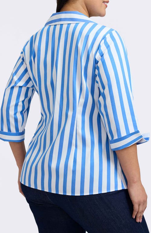 Foxcroft Salina Stripe Cotton Clend Wrap Shirt In Cobalt Blue White