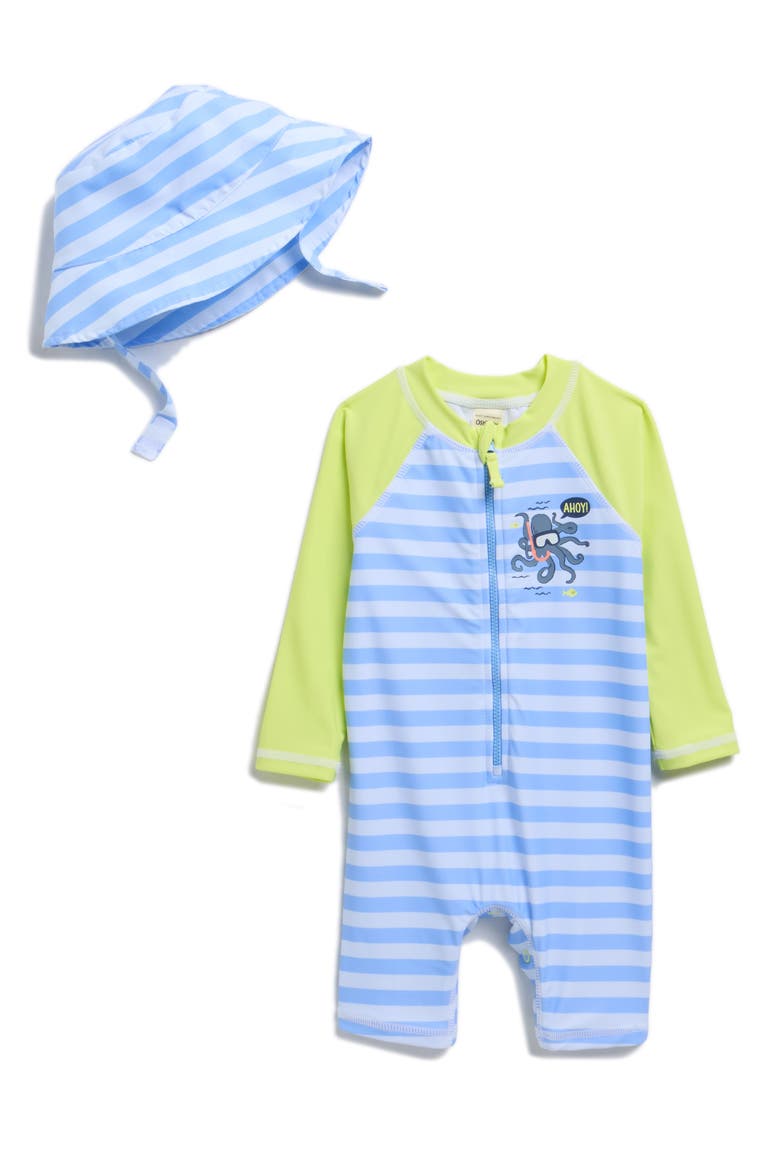 Long Sleeve Rashguard & Bucket Hat Set, Main, color, OCTO STRIPE LIME