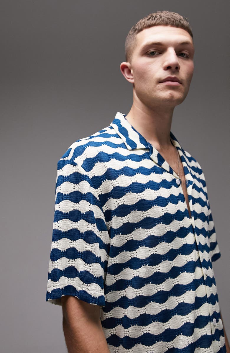 Topman Wavy Stripe Crochet Button-Up Camp Shirt, Alternate, color, 