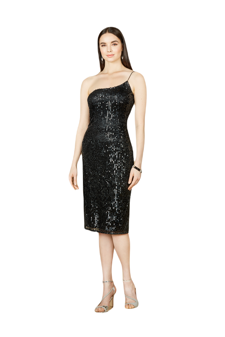 One Shoulder Midi Cocktail Dress, Main, color, Black