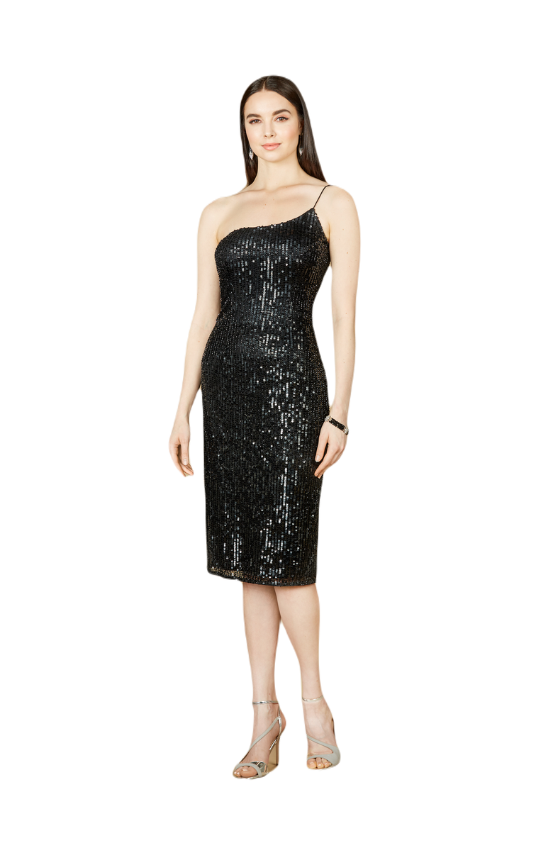 LARA New York One Shoulder Midi Cocktail Dress, Main, color, Black