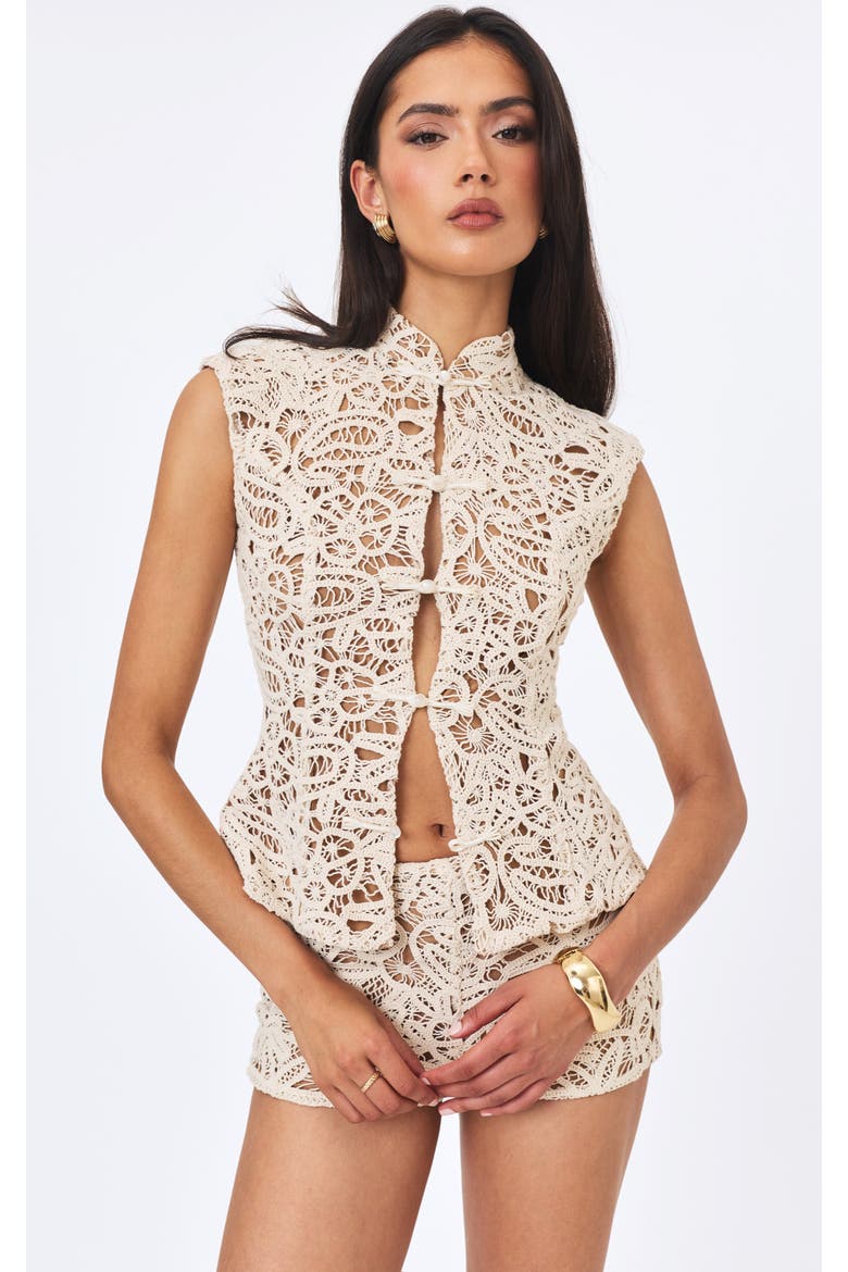 Rosetta Cotton Crochet Mandarin Collar Top, Main, color, Beige