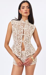 Miss Circle Rosetta Cotton Crochet Mandarin Collar Top