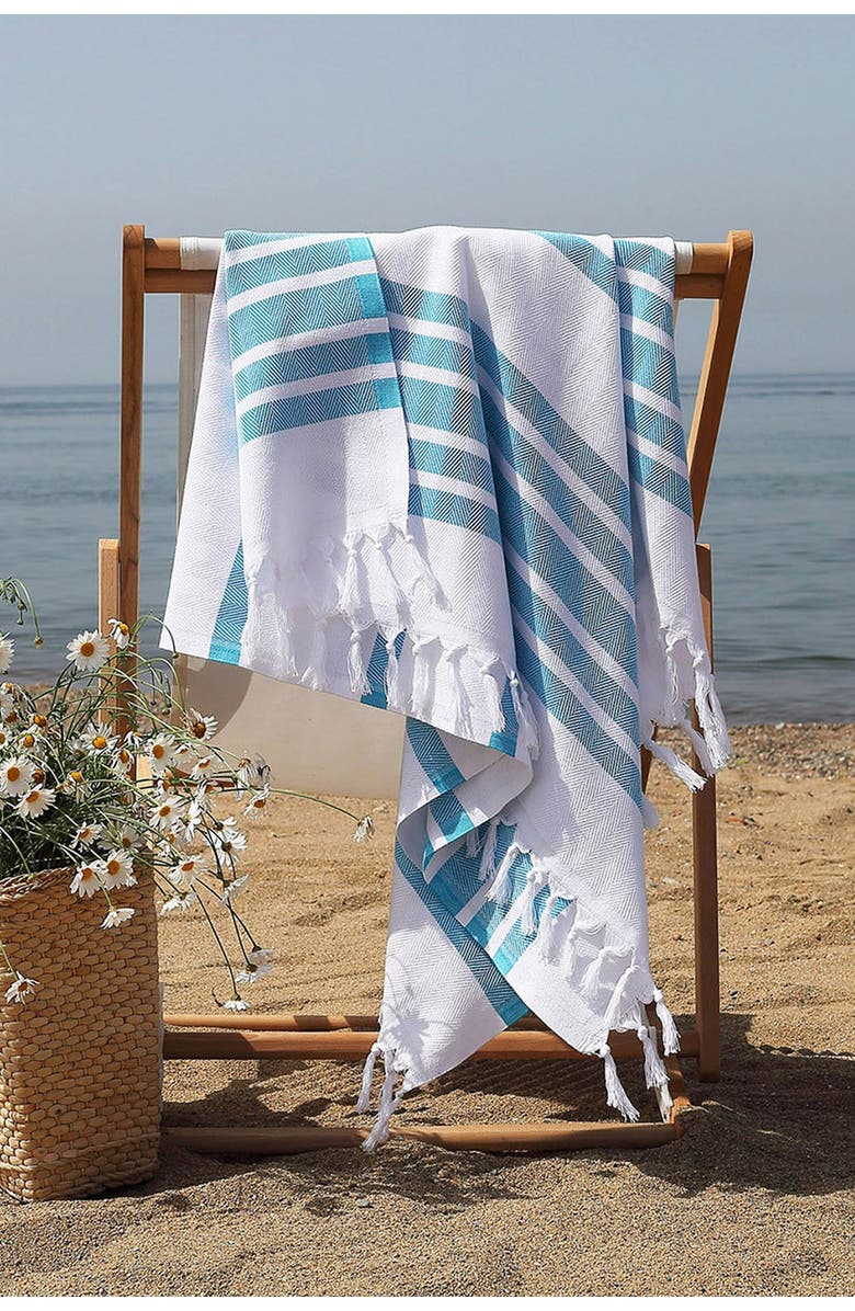 Linum Home Textiles 100% Turkish Cotton Herringbone Pestemal Beach Towel - Turquoise & White, Alternate, color, 