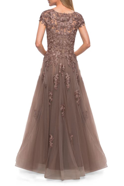La Femme Long Tulle Gown With Intricate Lace Detailing In Cocoa