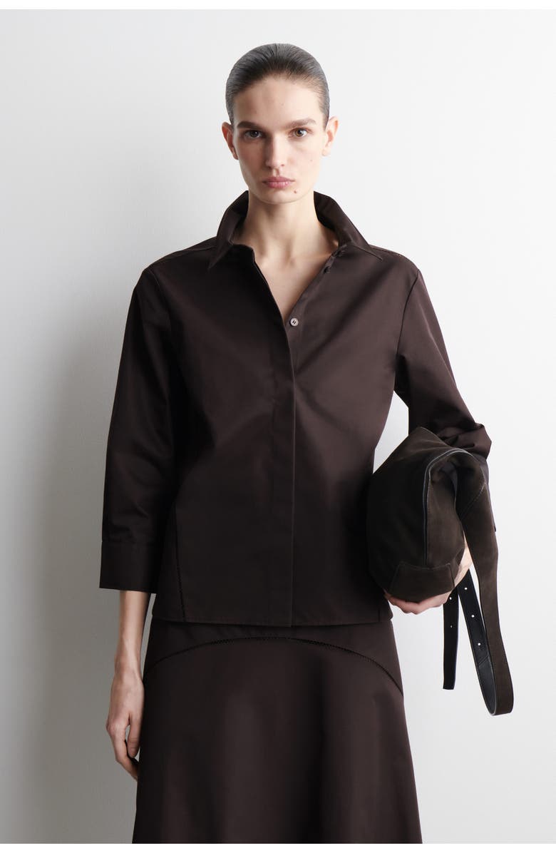 COS Embroidered Cotton Shirt, Main, color, Dark Brown