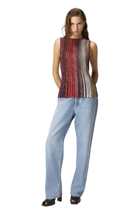 Partial Striped Sleeveless Top With Sequins
