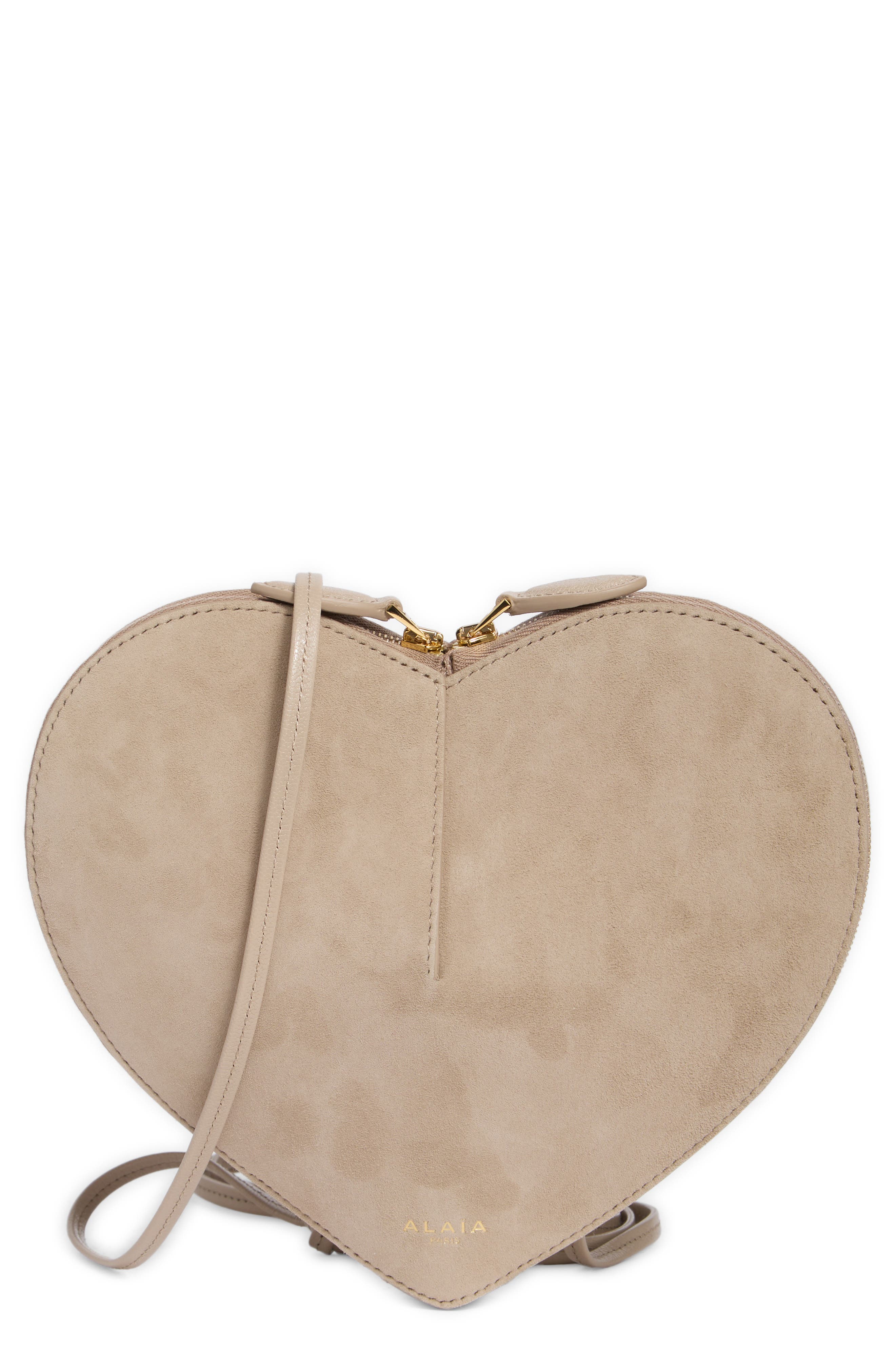 Alaïa Le Coeur Suede Crossbody Bag, Main, color, Grege