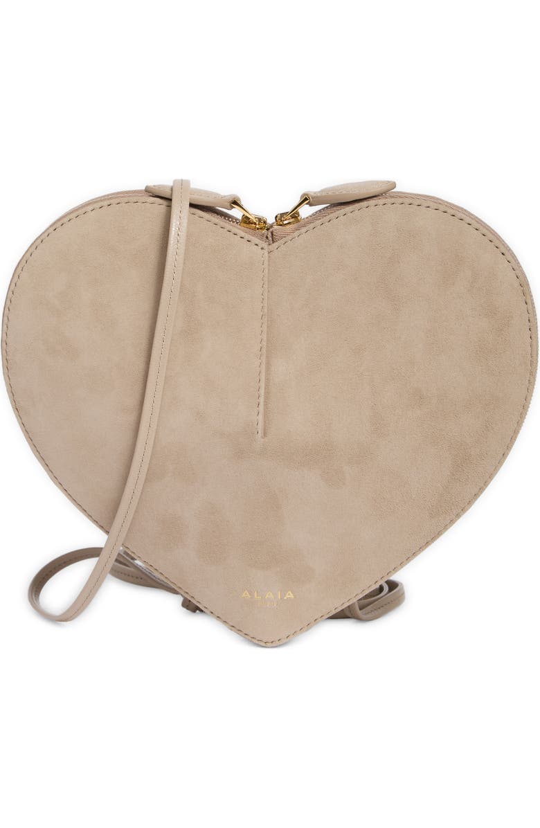 Alaïa Le Coeur Suede Crossbody Bag, Main, color, Grege
