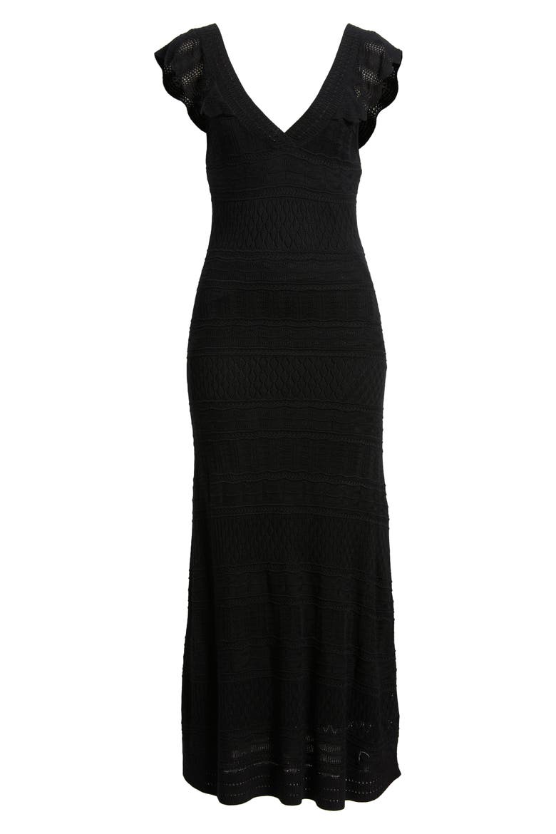 Pointelle Flutter Maxi Sweater Dress, Alternate, color, BLACK