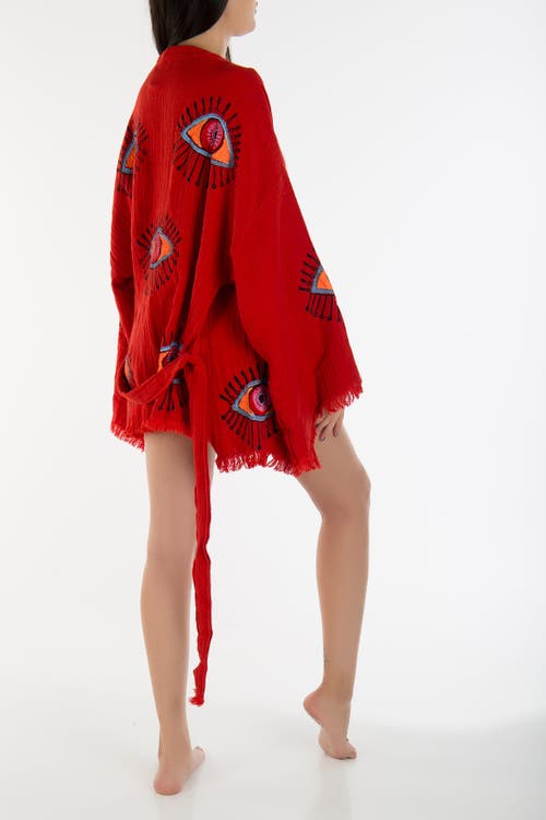 Forever & Always Shoes Sereia Evil Eye Handmade Cotton Short Kimono In Red
