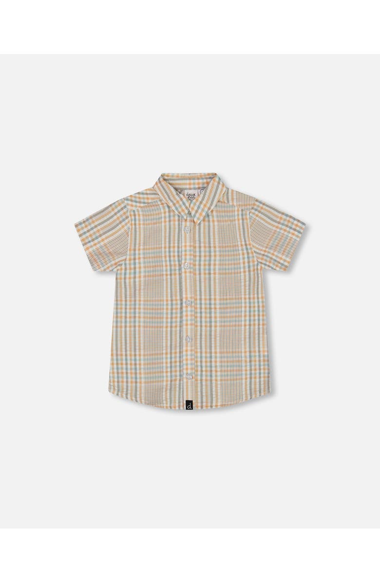 Deux par Deux Little Boy's Short Sleeve Button Down Shirt Beige And Sage Plaid, Main, color,
