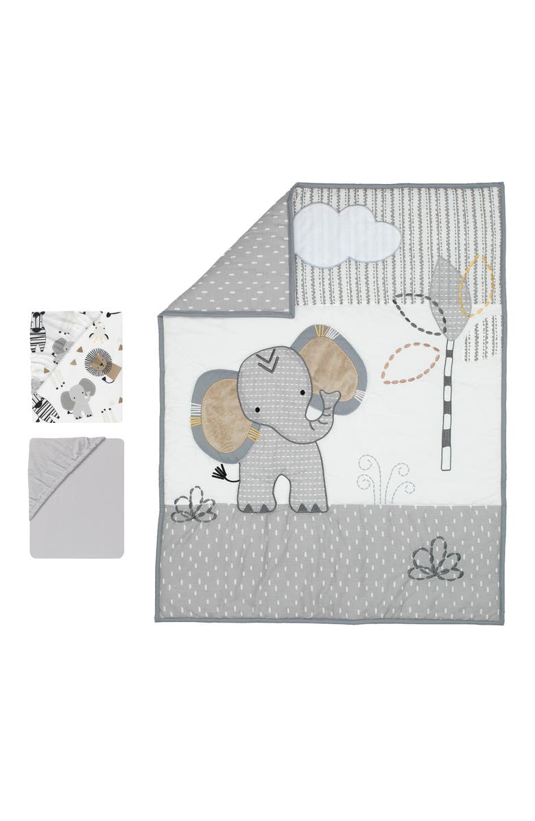Lambs & Ivy Jungle Safari Elephant 3-Piece Mini Crib Bedding Set, Alternate, color, Gray