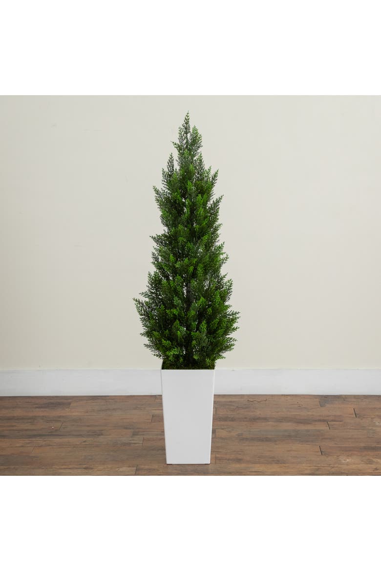 4-ft UV Resistant Artificial Cedar Tree in White Tower Planter, Alternate, color, Green