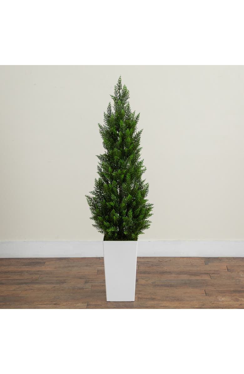 NEARLY NATURAL 4-ft UV Resistant Artificial Cedar Tree in White Tower Planter, Alternate, color, Green