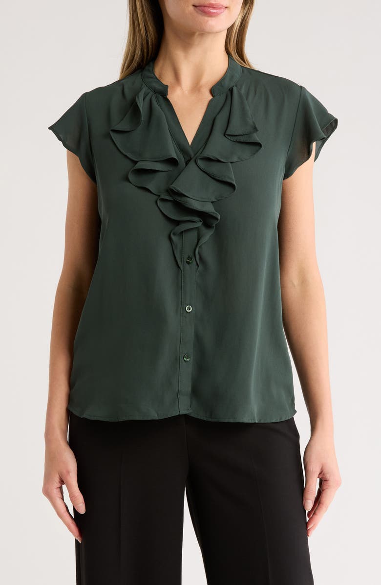T Tahari Ruffle Short Sleeve Button-Up Top, Main, color, Jungle Green