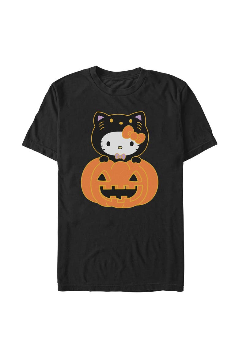 Mens Hello Kitty Halloween Pumpkin and Kitty T Shirt, Main, color, Black