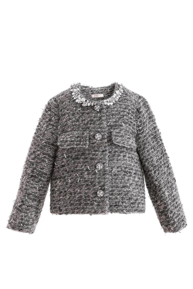 Bouclé Jewel-Collar Jacket, Alternate, color, Grey