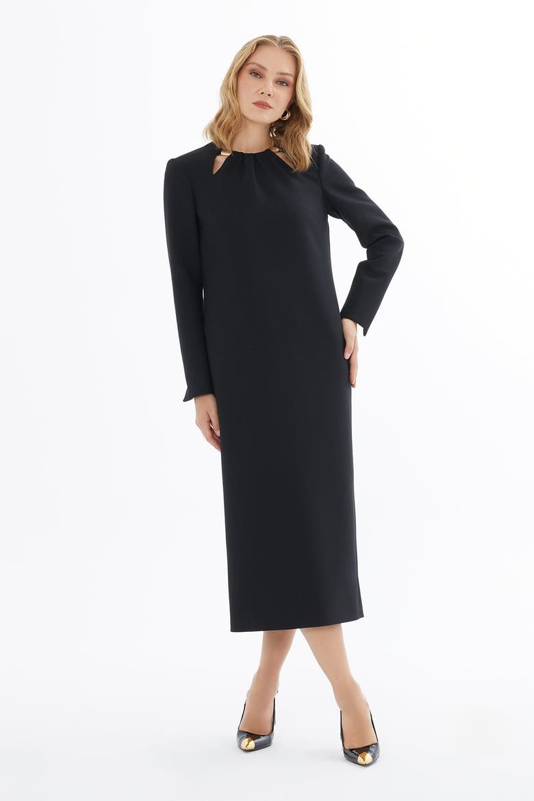 Elegant Slit-Sleeve Midi Dress with Metal Detail, Alternate, color, Black