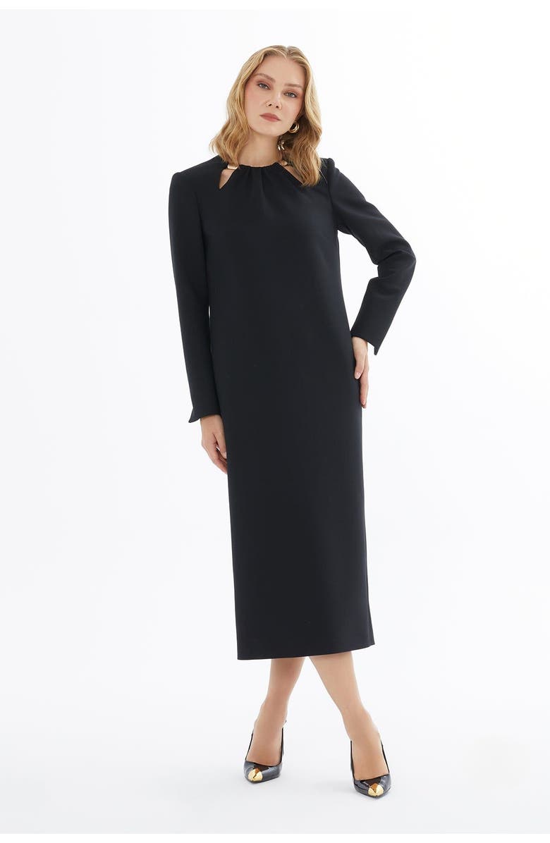Gizia Elegant Slit-Sleeve Midi Dress with Metal Detail, Alternate, color, Black