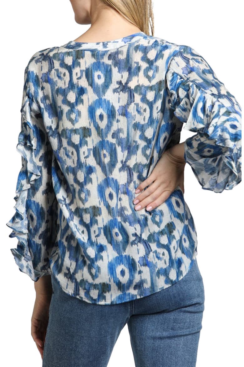 Mixed Print Ruffle Sleeve Button-Up Shirt, Alternate, color, BLUE MULTI
