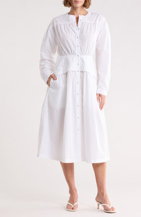 Long Sleeve Button Front Cotton Dress