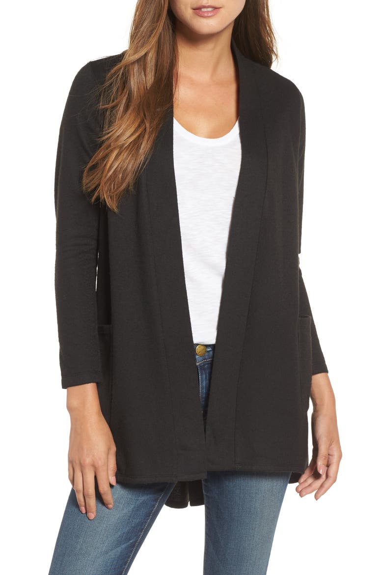 High/Low Fleece Knit Cardigan, Main, color, BLACK