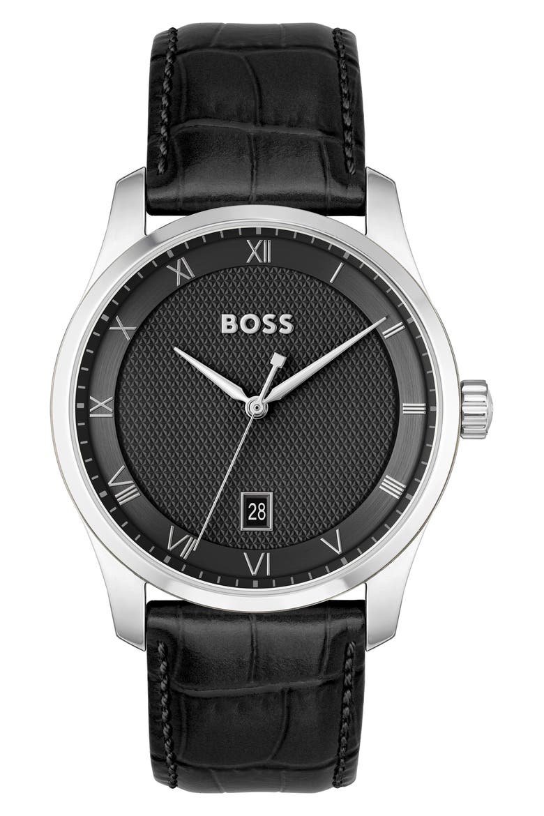 Principle Leather Strap Watch, 44mm, Main, color, BLACK