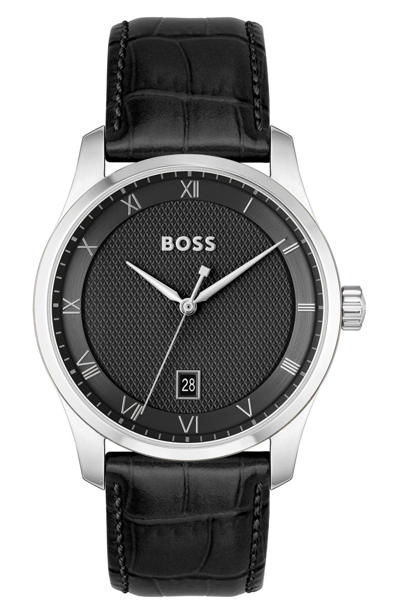 BOSS Principle Leather Strap Watch, 44mm, Main, color, Black