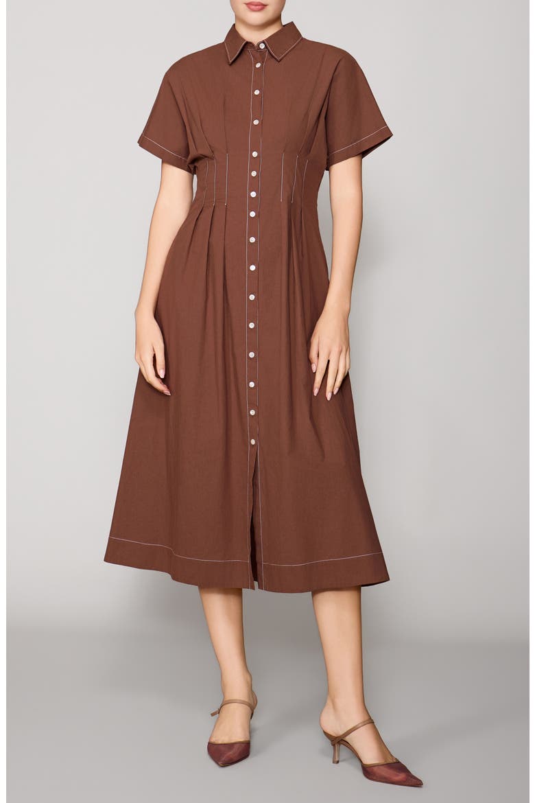Contrast Stitch Midi Shirtdress, Main, color, BROWN