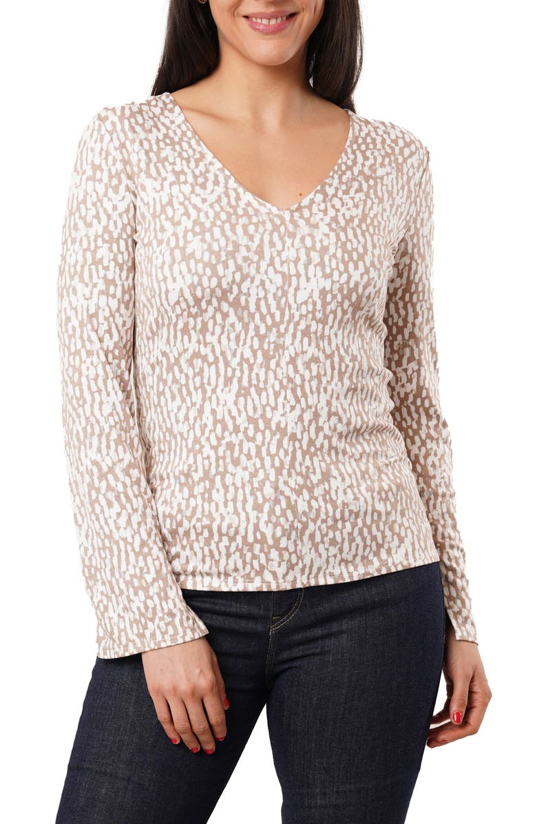 SUNNY LEIGH V-Neck Long Sleeve Top, Main, color, Kali Print Taupe