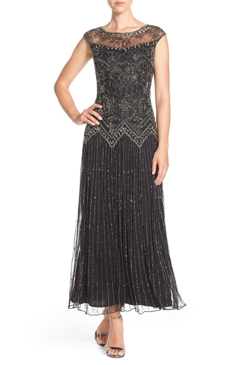 Beaded Illusion Yoke Mesh Dress, Main, color, BLACK