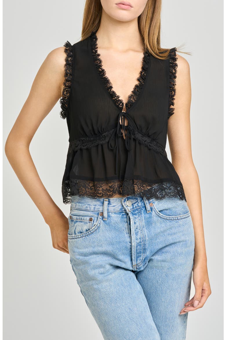 Norah Lace Trim Tie Front Top, Alternate, color, BLACK