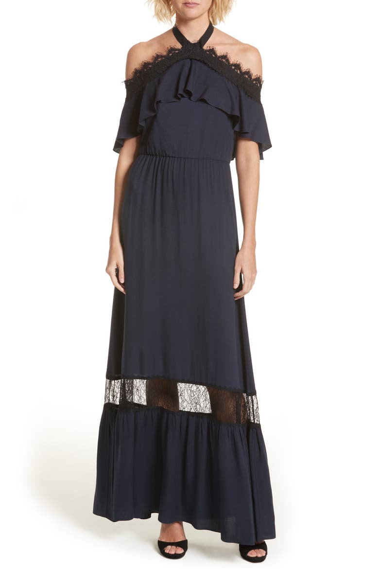 Mitsy Halter Maxi Dress, Alternate, color, INDIGO/ BLACK