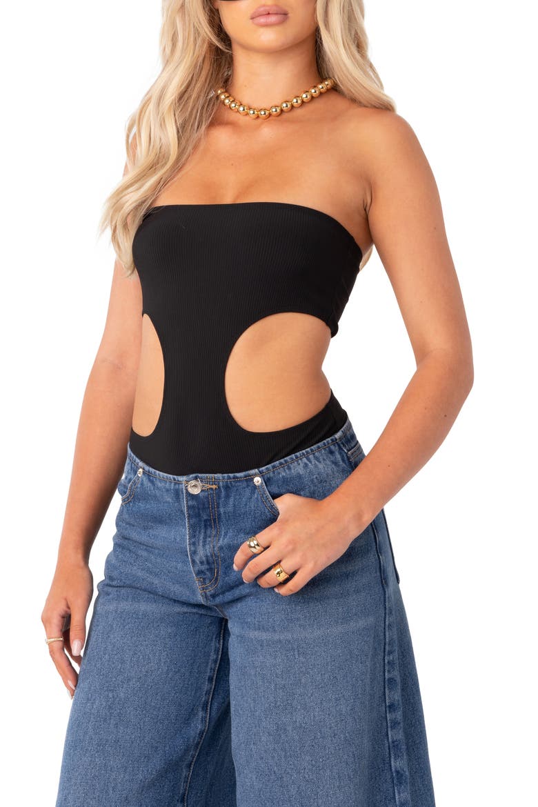 Vivie Cutout Rib Strapless Bodysuit, Alternate, color, BLACK