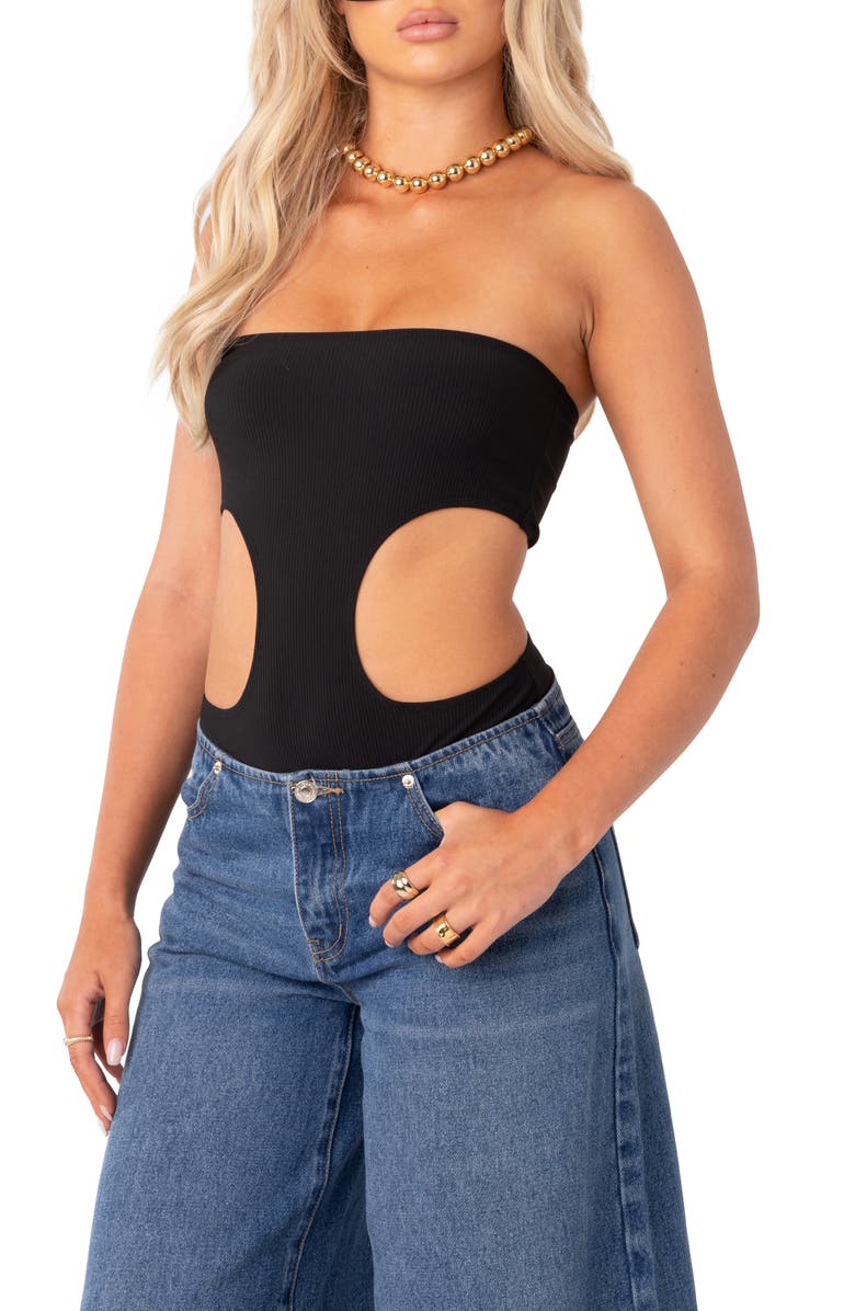 EDIKTED Vivie Cutout Rib Strapless Bodysuit, Alternate, color, Black