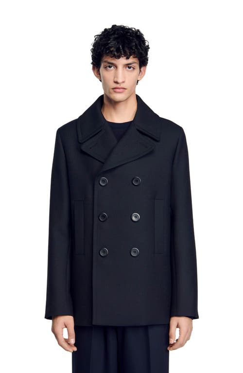 Sandro Wool Blend Pea Jacket In Navy Blue