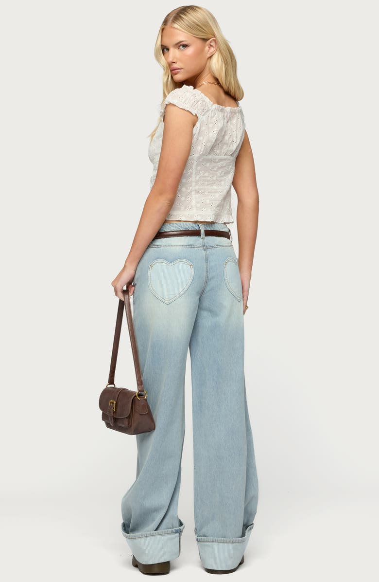 EDIKTED Contrast Heart Low Rise Cuffed Wide Leg Jeans, Alternate, color,
