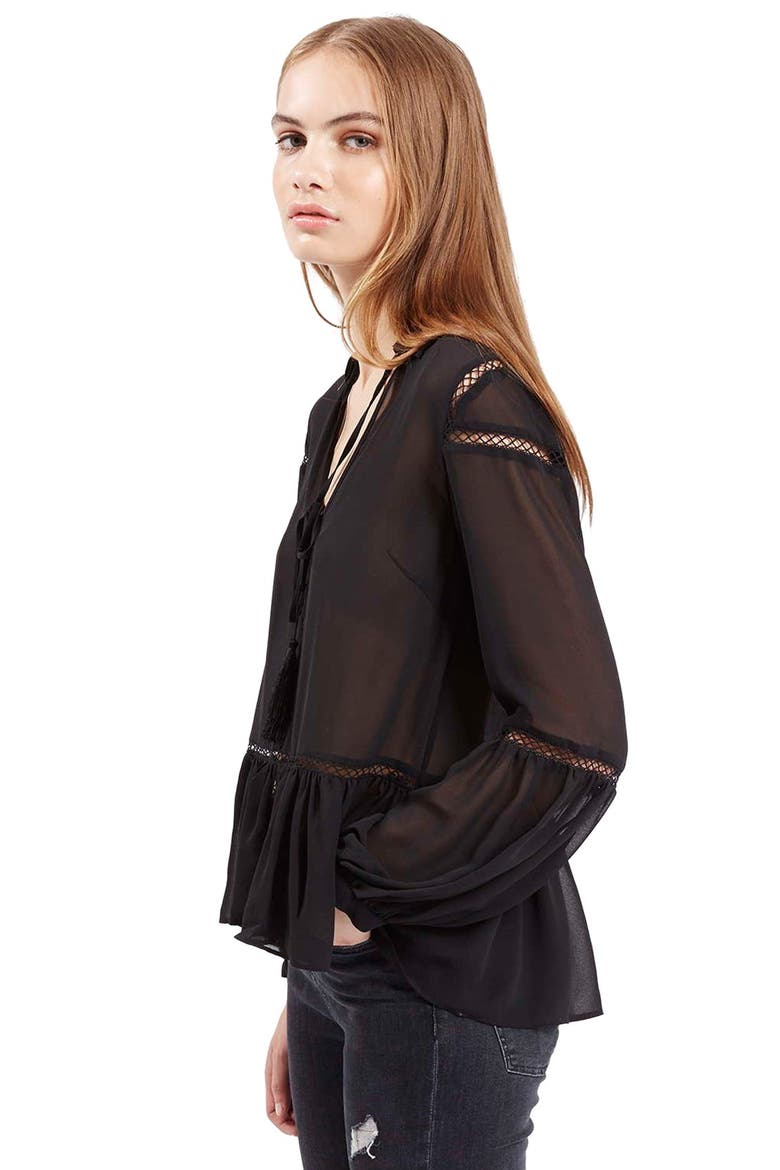 Sheer Poet Sleeve Blouse, Main, color, BLACK