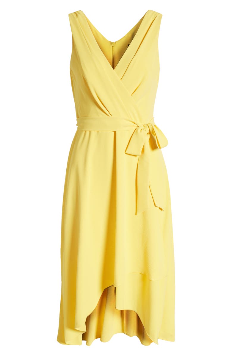 Connected Apparel Tie Belt Faux Wrap High-Low Dress, Alternate, color, Yellow