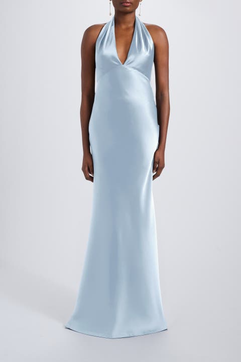 V-neck Fit-to-Flare Halter Gown