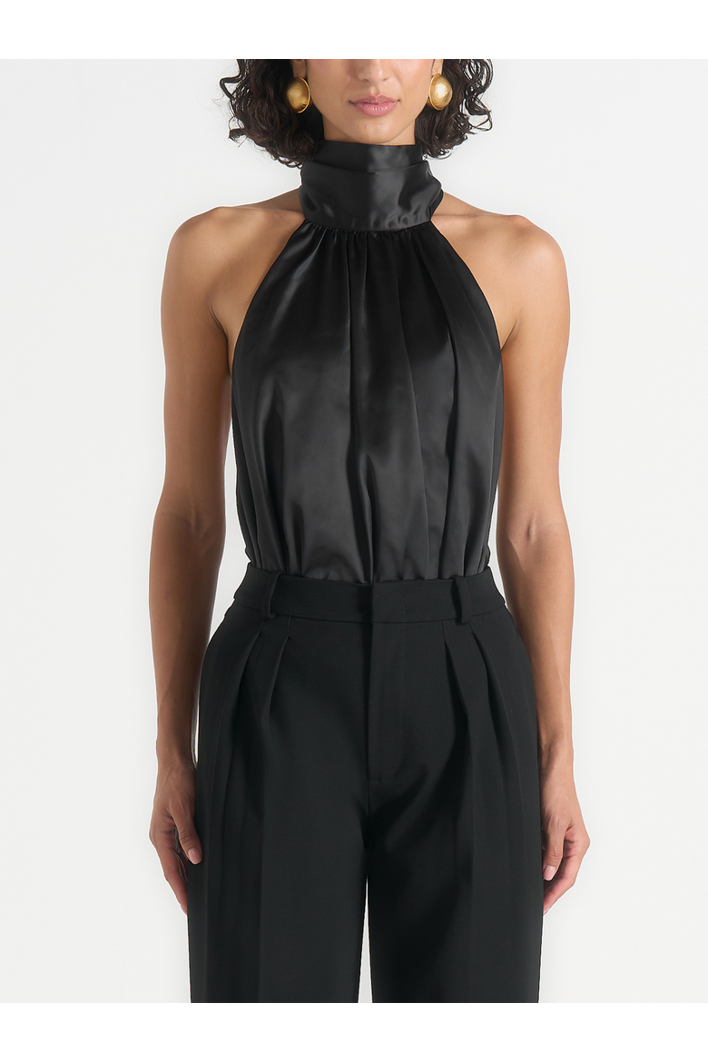 Phoebe Satin Blouson Tie-Neck Open Back Top, Alternate, color, Black